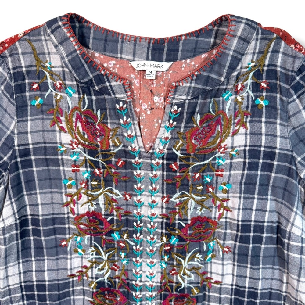 John Mark Mixed Media Embroidered Plaid Floral Top Boho Women's Size Medium